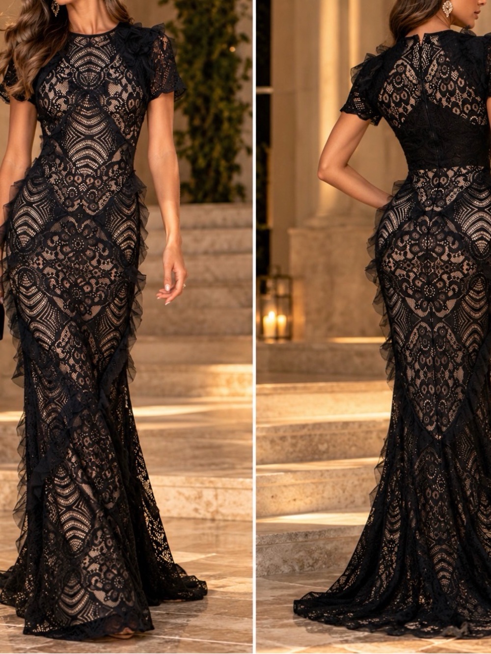 BCBGMaxAzria Black Lace Ruffled-Side Mermaid Gown sz XXS